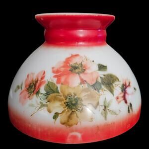 Vintage Milk Glass Lamp Shade Red White Floral Design Student Gone With The Wind